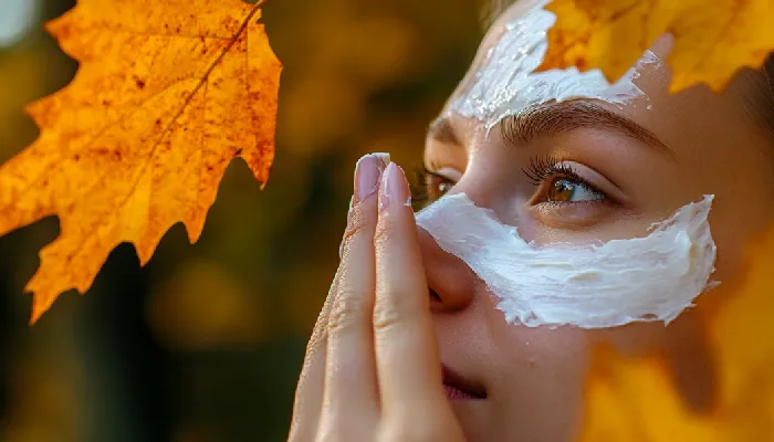 نمای نزدیک از زنی که در حال استفاده از کرم ضدآفتاب در هوای پاییزی و میان برگ‌های زرد و نارنجی است